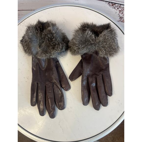 Wilsons Leather VINTAGE women dark brown gloves genuine rabbit fur cuffs Small - Picture 1 of 9